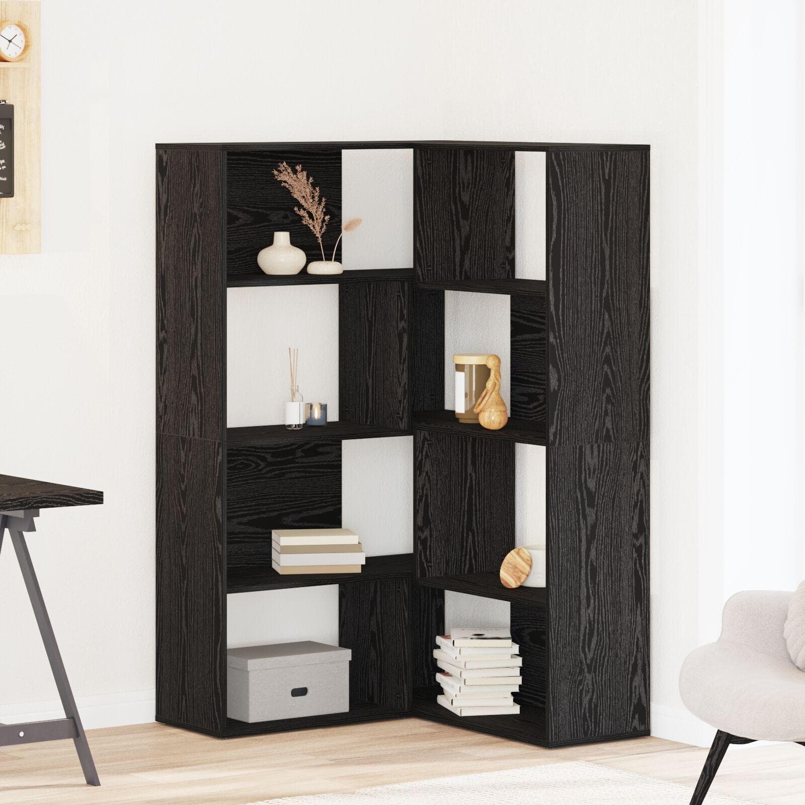 Hjørnereol 2 stk - sort eg, 85 × 85 × 140 cm, konstrueret træ