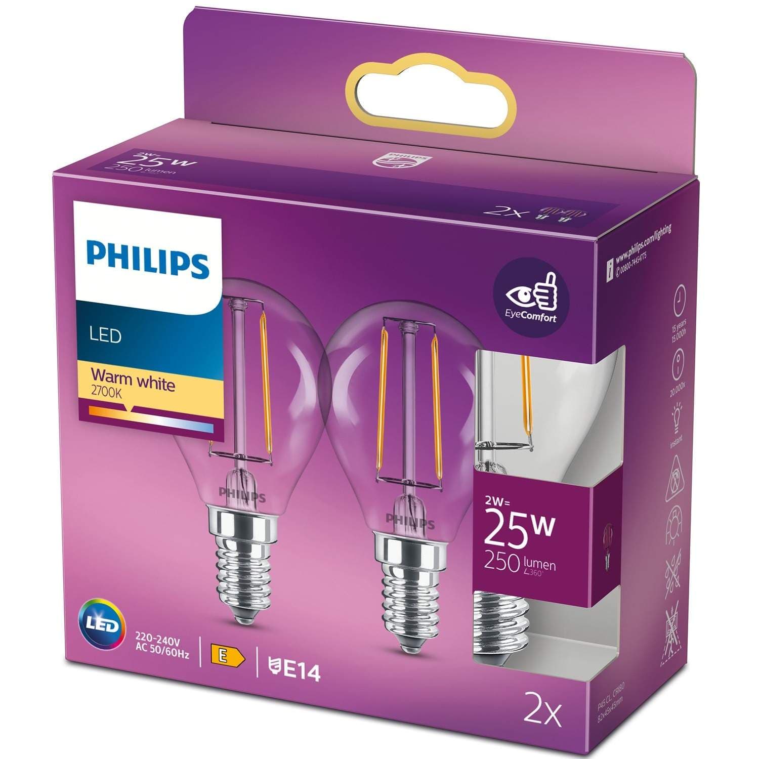 2-pak LED E14 Globe 2W (25W) Klar 250lm