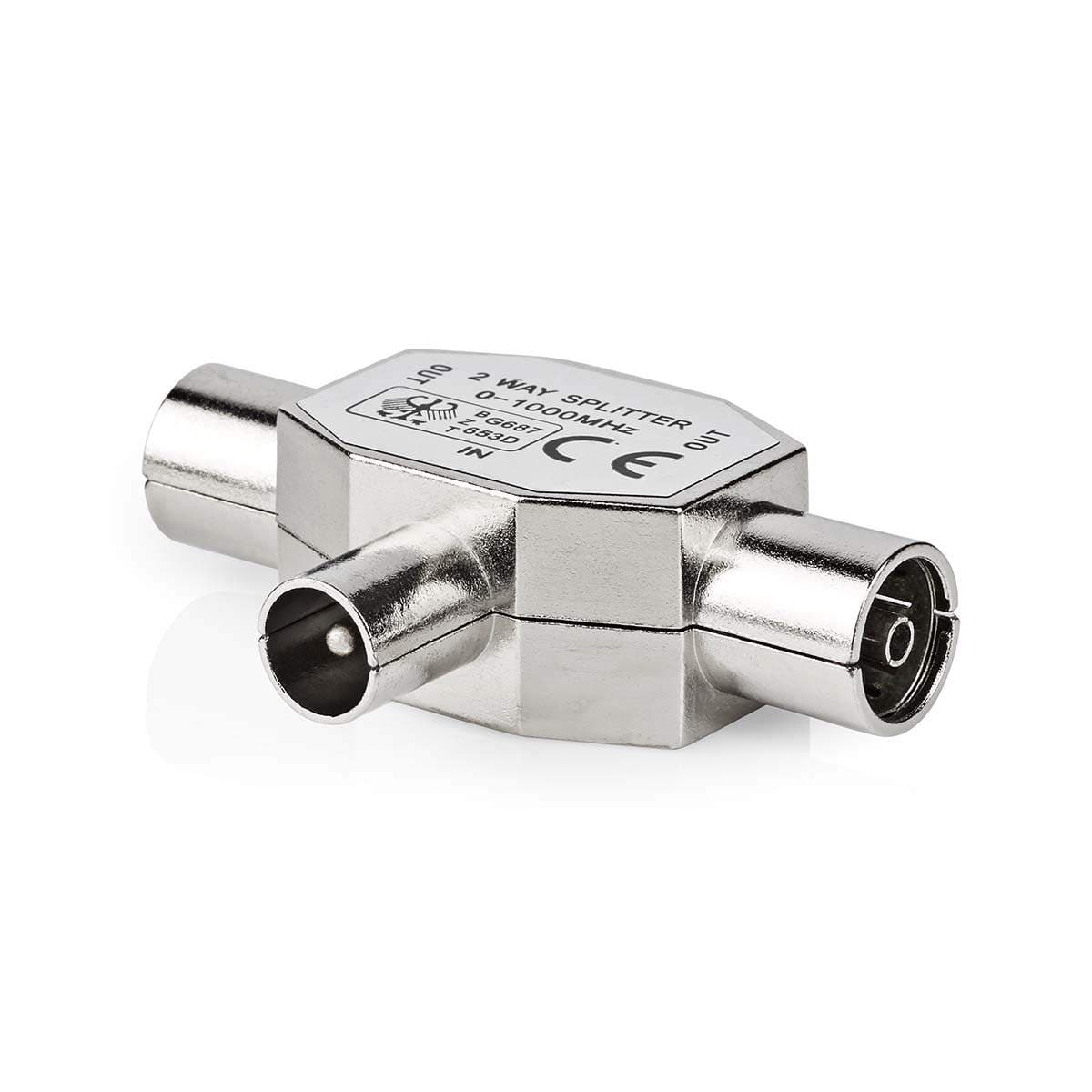 Satellit & Antenne adapter | IEC (Coax) Han | 2x Coax Hun | Nikkelplateret | 75 Ohm | T-Splitter | Metal | Sølv | 1 stk. | Konvo