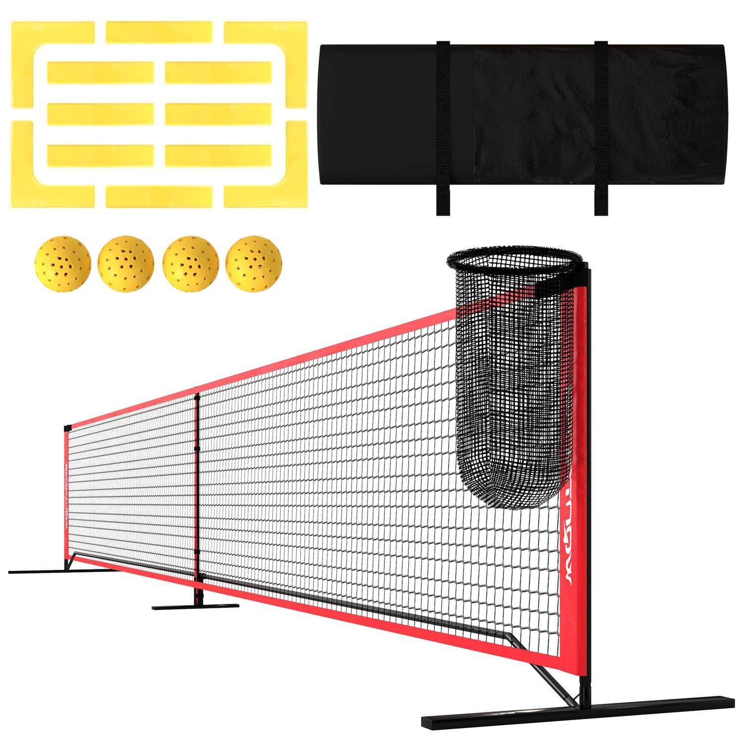 Pickleball-net bærbart sæt 6,7 m Pickleball-system med net, banemarkeringssæt, boldopsamler, fire bolde og bæretaske til udendør