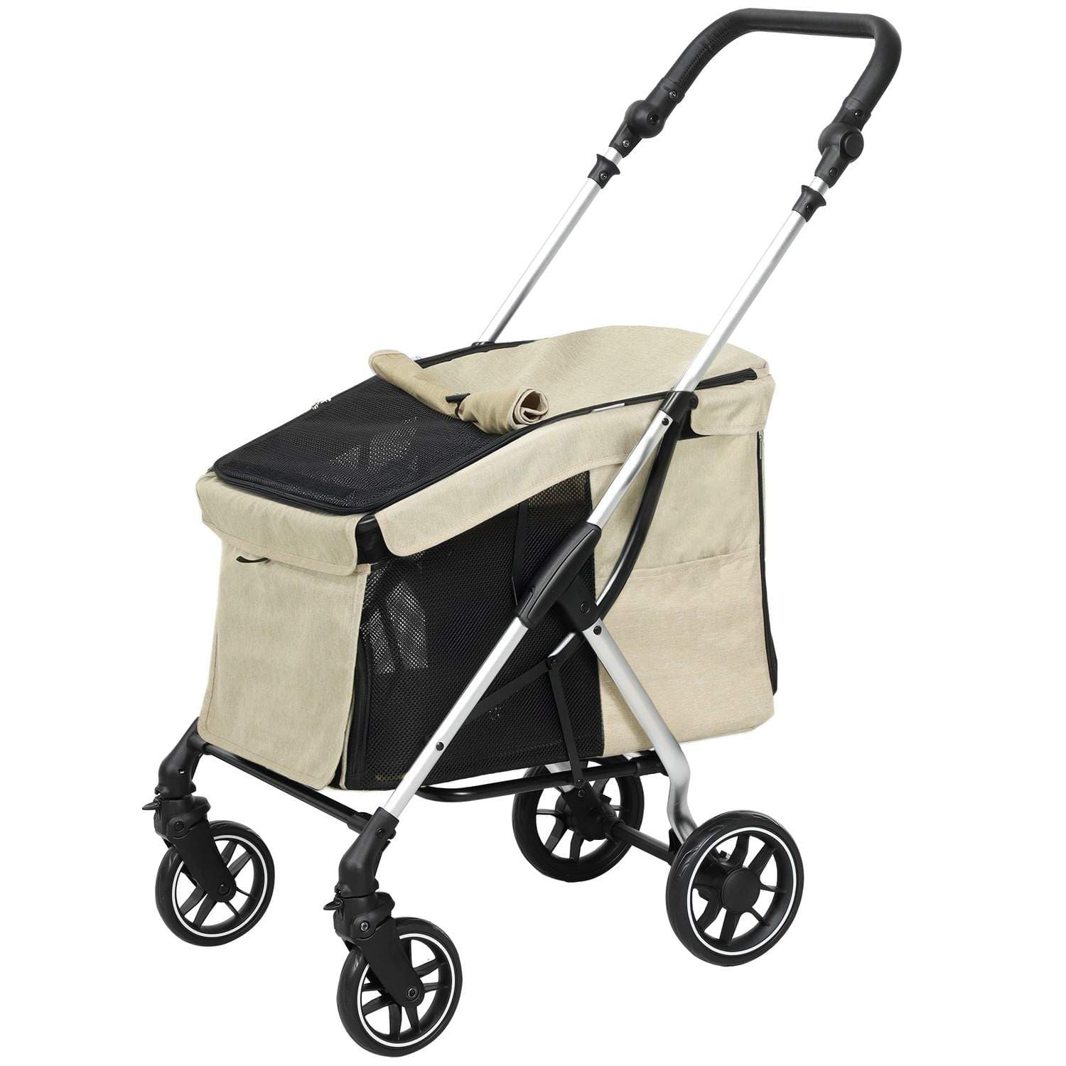 Hundeklapvogn, let hundevogn af aluminium, foldbar til hunde og katte op til 10 kg, kattevogn med hynder, netvinduer, døre, opbe