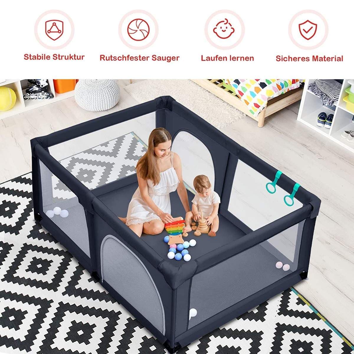 Babykravlegård med 50 legebolde kravlegård med net og lynlås 120 x 190 cm mørkegrå
