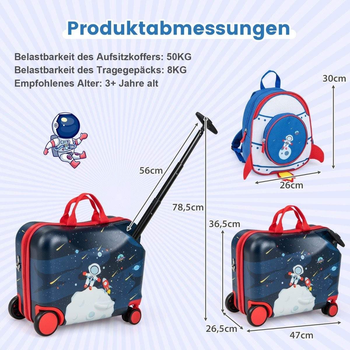2-delt børnekuffert + rygsæk 47 cm lang ride-on kuffert og 30 cm bred rygsæk 12"+18" astronauter