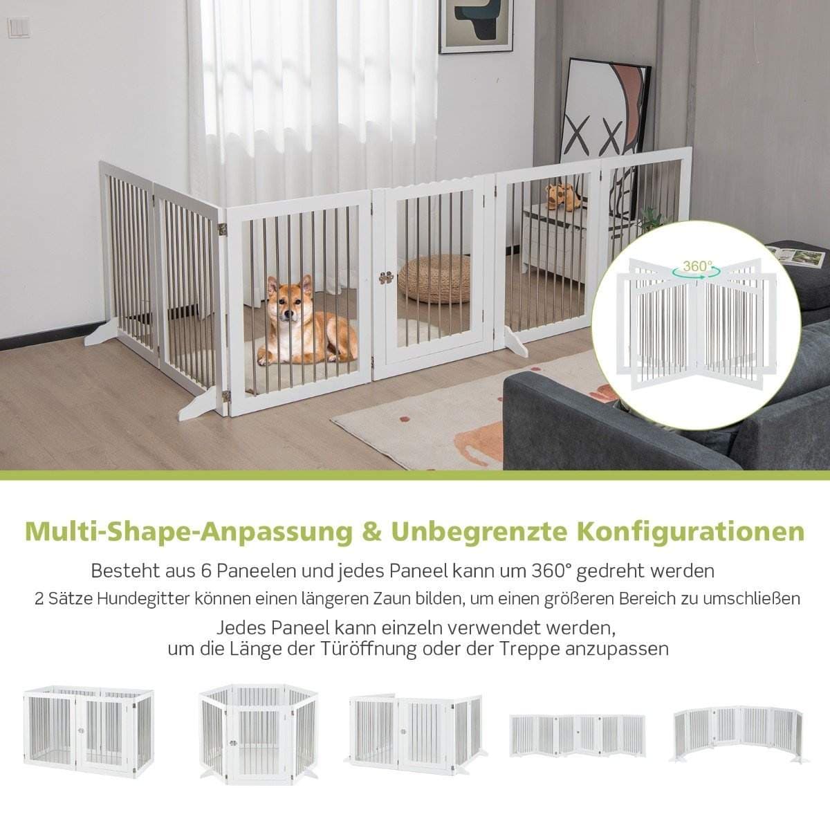 Dog Gate kravlegård Fritstående Hundehegn med 6 Paneler 366 x 80 cm Hvid