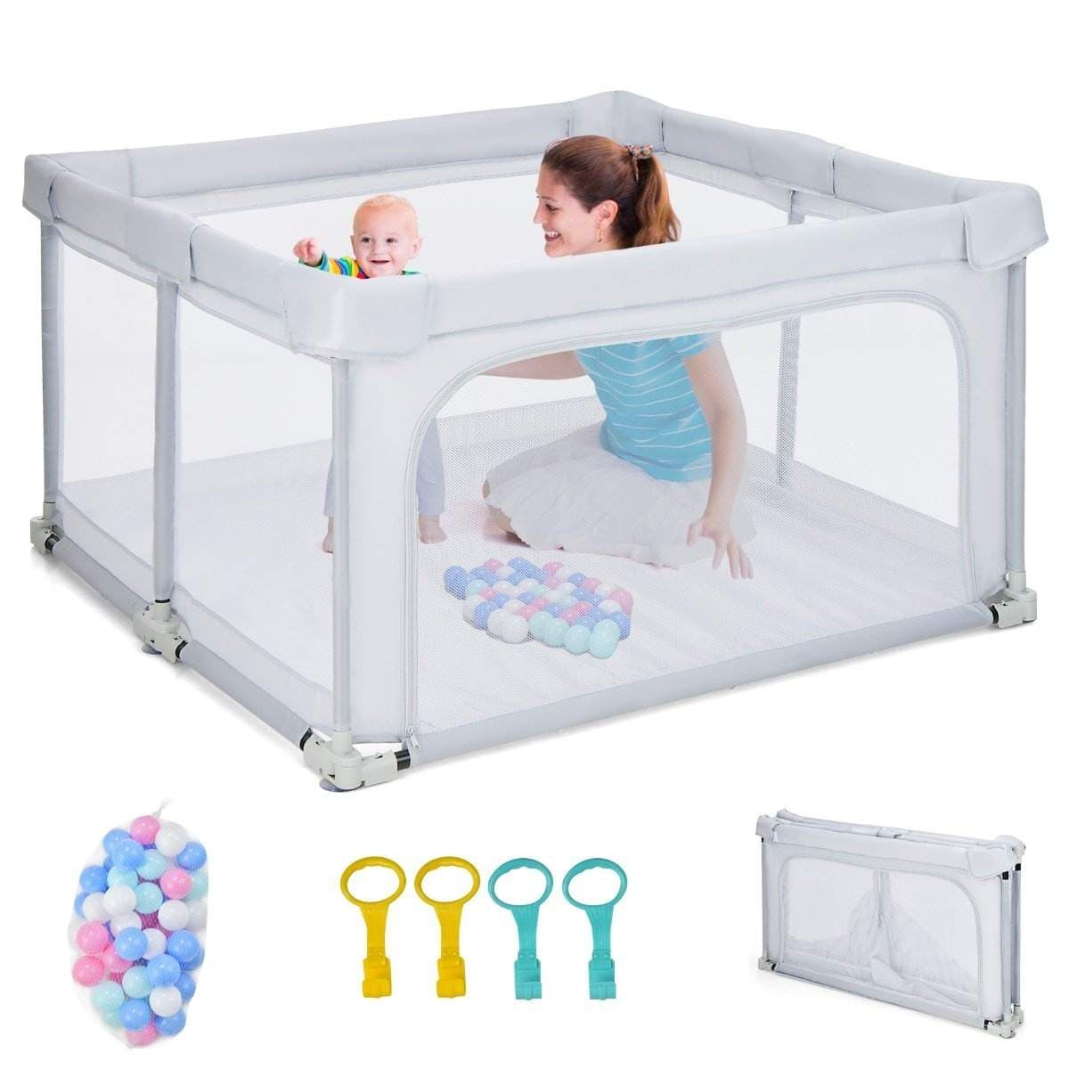 Firkantet Babykravlegård 124 x 124 cm Stort Legehegn Lysegrå