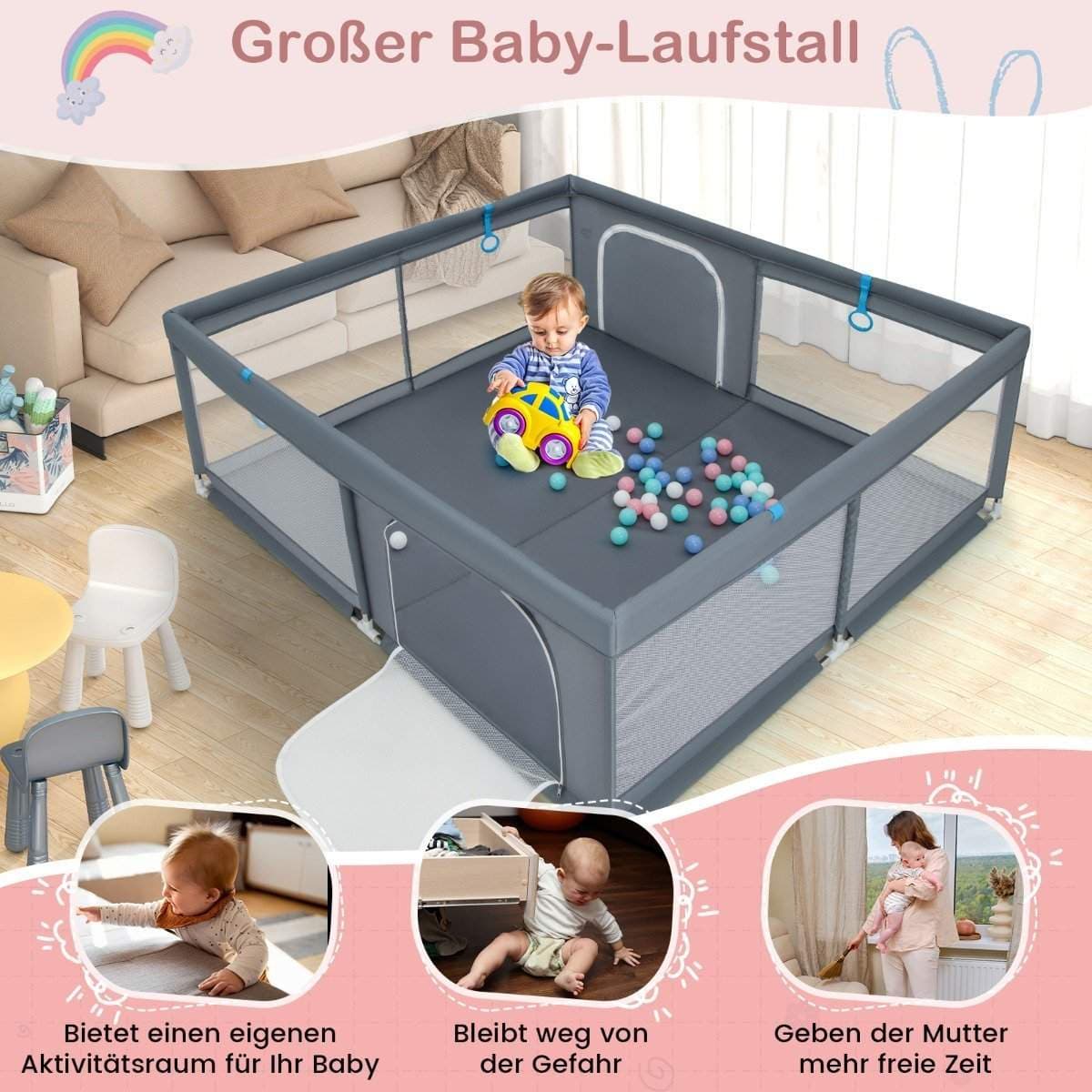 200 x 180 cm Babykravlegård med 50 havbolde & 4 håndtag & dørkravlegård Crawling Gate Grå