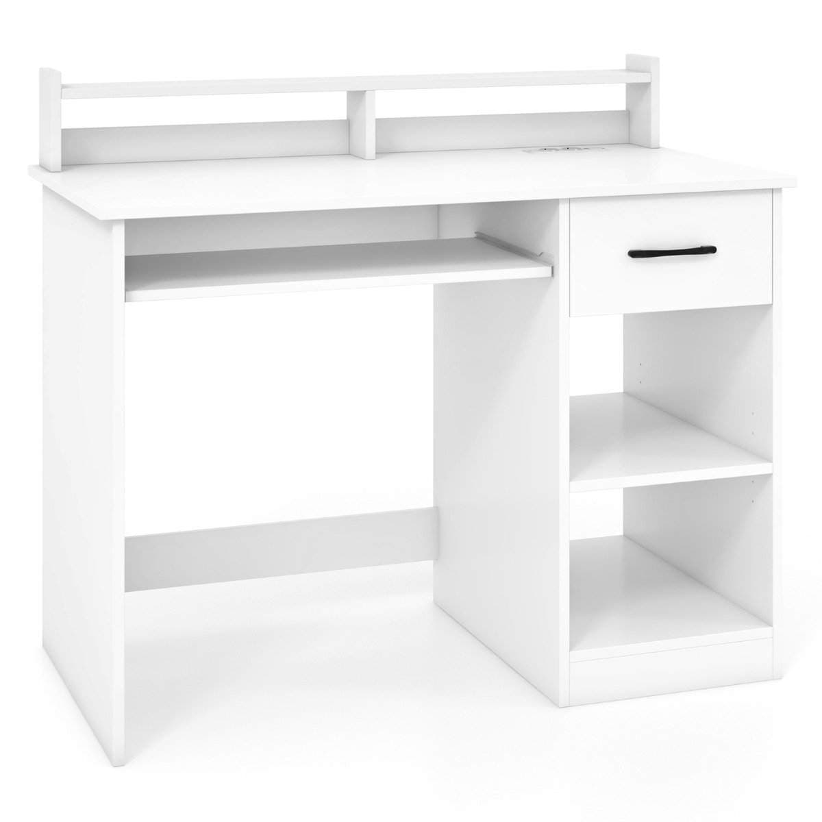 Skrivebord med ladestation, tastaturbakke, skuffe & justerbar hylde, hvid 105 x 55 x 89 cm