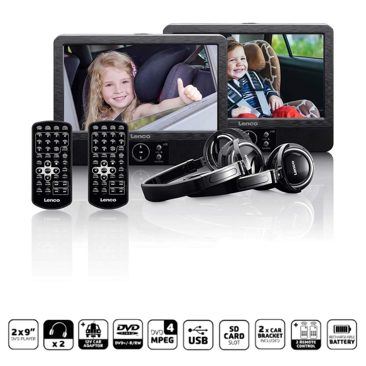 2x 9" bærbar DVD-afspiller med USB SD indbygget batterihovedtelefon og beslag Sort