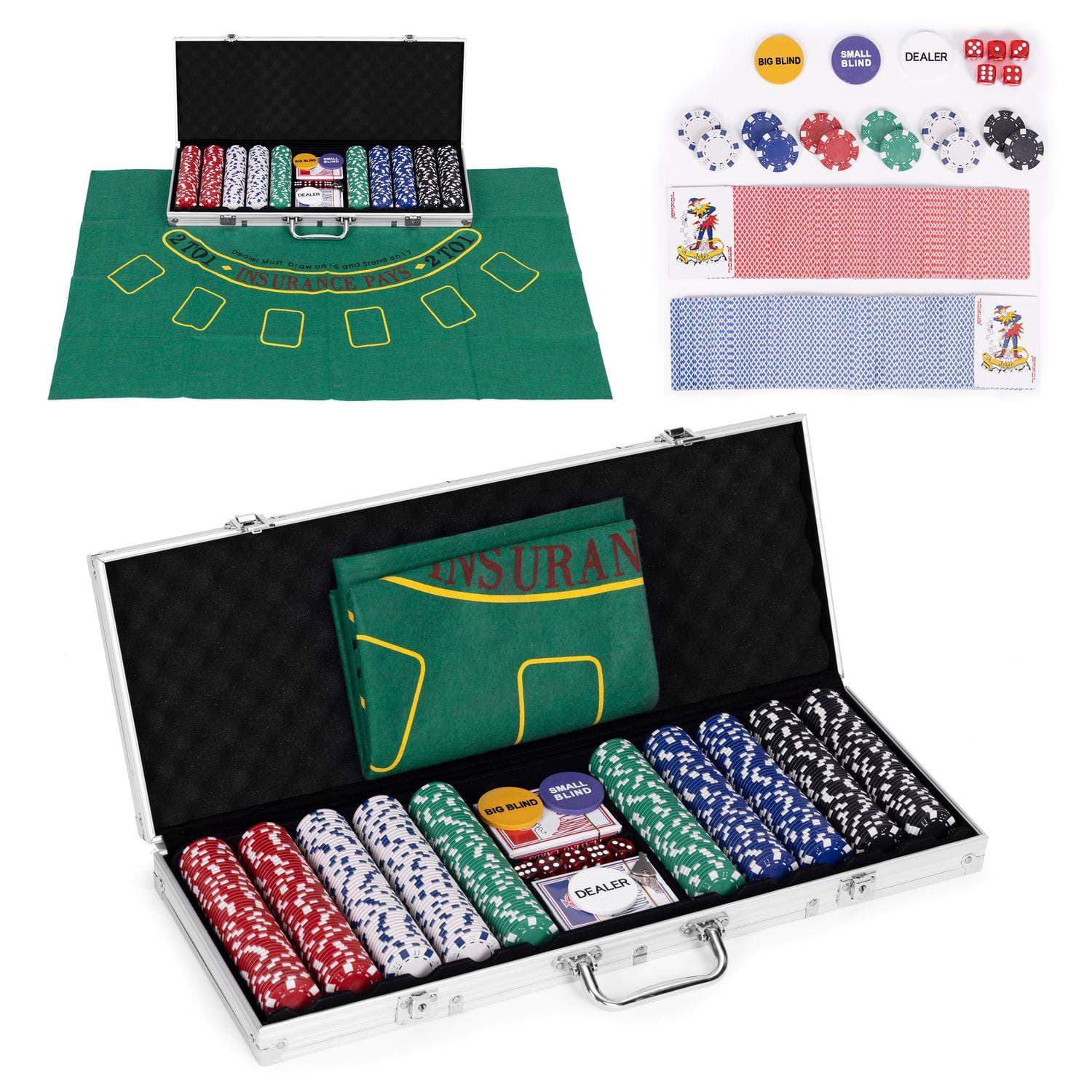 Poker- og blackjack-sæt – 500 jetoner, 2 sæt kort, terninger, spillemåtte, låsbar kuffert