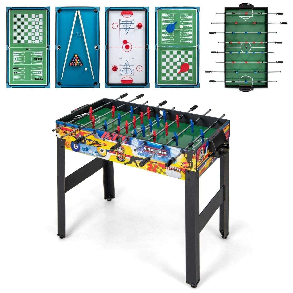 12-i-1 spillebordssæt – Bordfodbold, Air Hockey, Billard