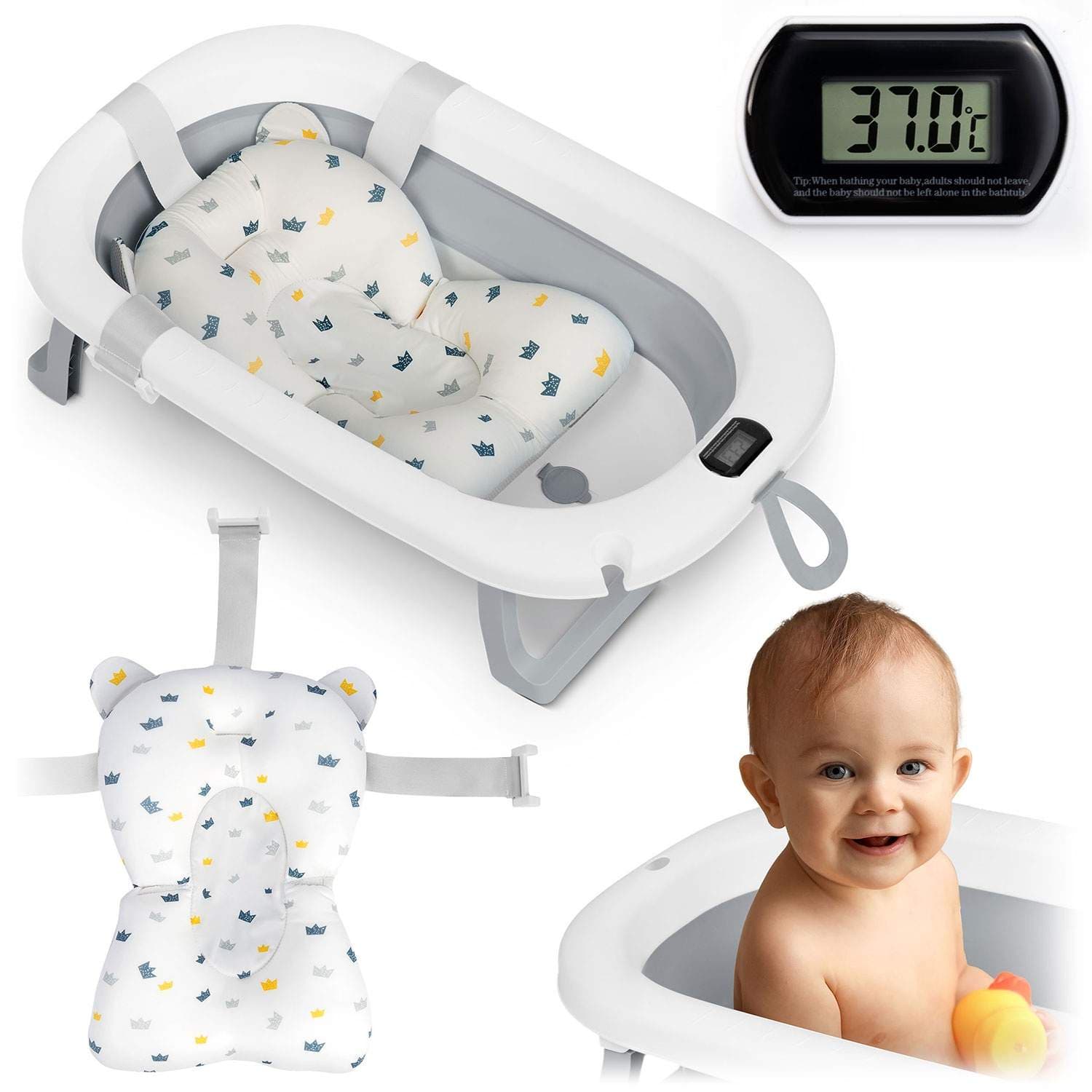 Sammenfoldelig babybadekar med termometer & indsats – Hvid/Grå
