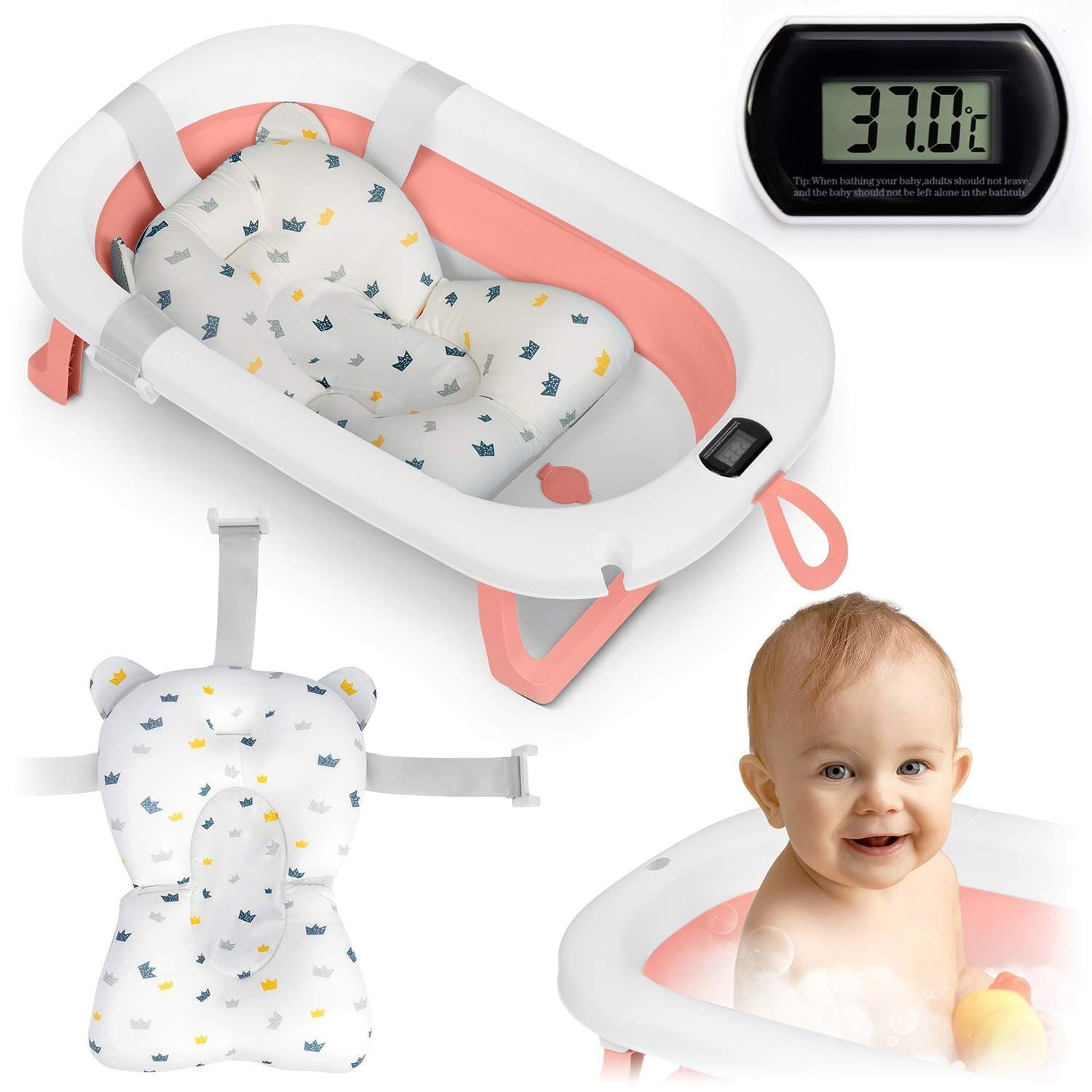 Sammenfoldelig babybadekar med termometer & indsats – Hvid/Pink