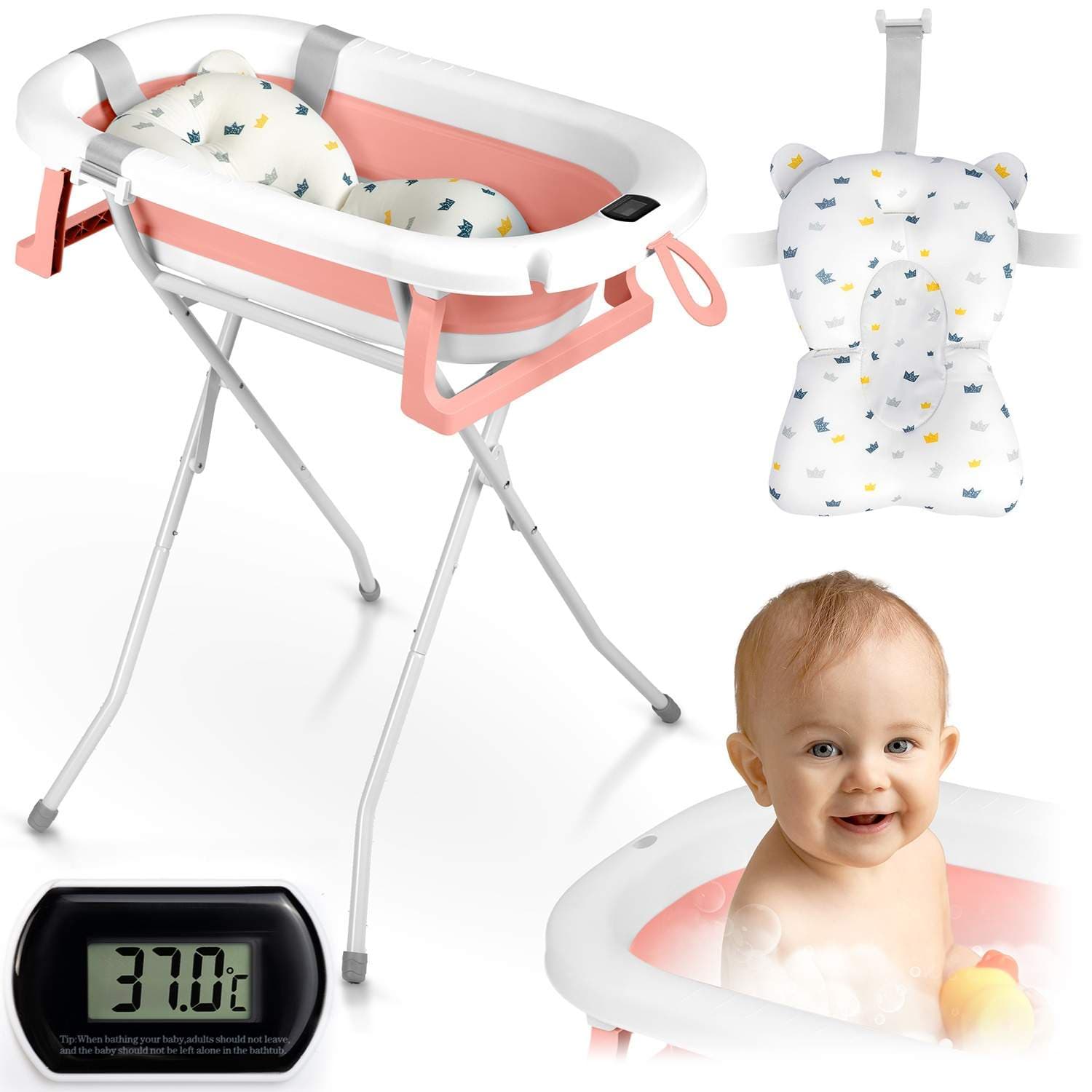 Sammenfoldelig babybadekar med stativ, termometer og indsats