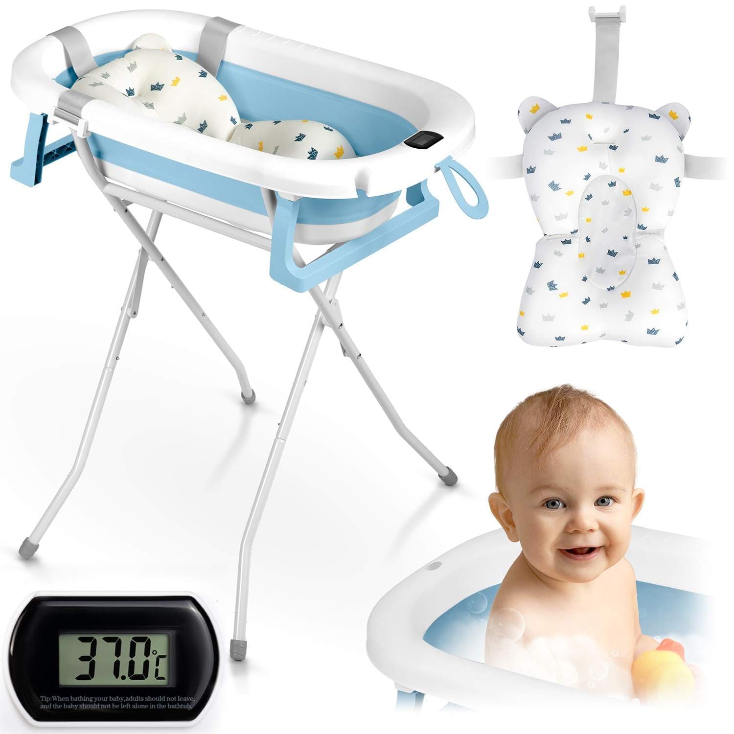 Sammenfoldelig babybadekar med stativ, termometer og indsats