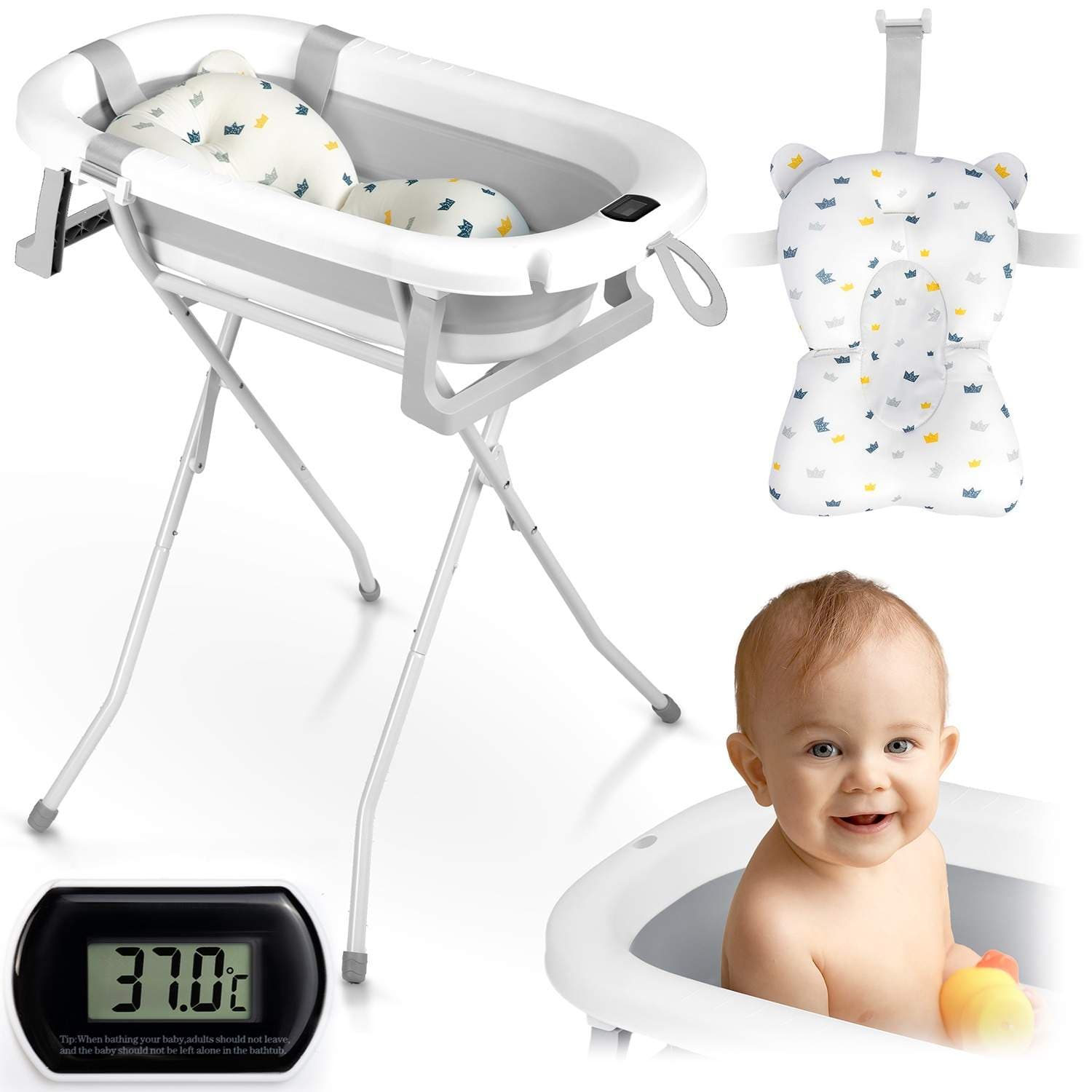 Sammenfoldelig babybadekar med stativ, termometer og indsats