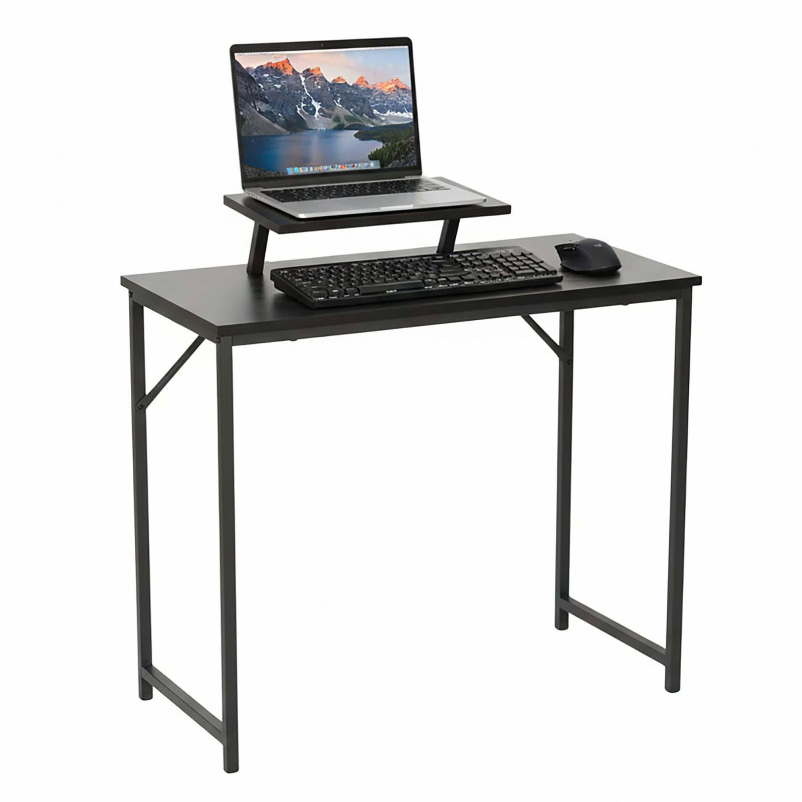 Sort computerbord med skærmhylde – pladsbesparende design