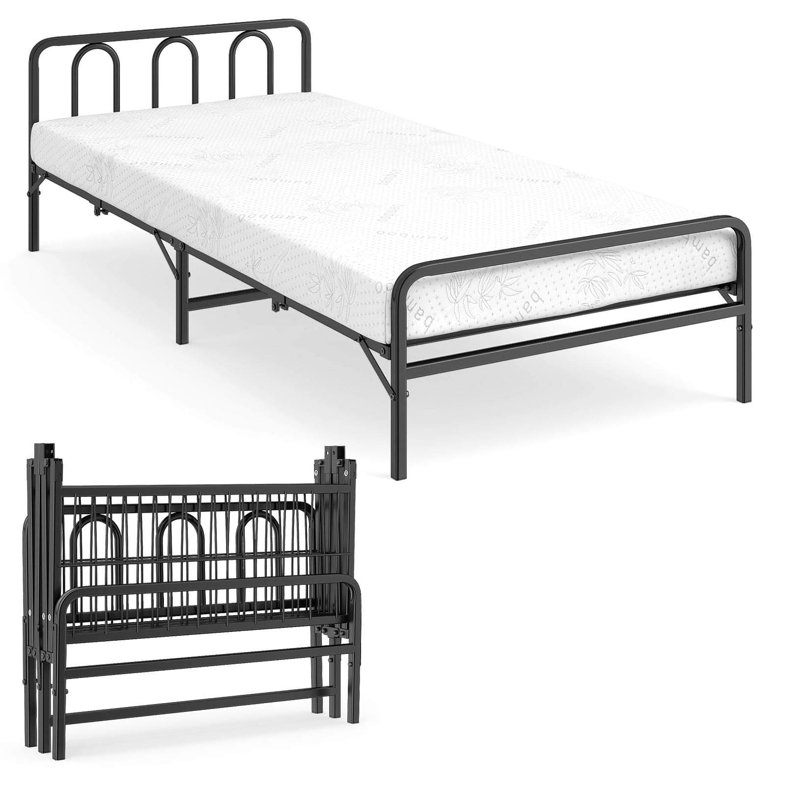 Sammenklappelig sengeramme med gel memory foam madras – sort, 200x90 cm