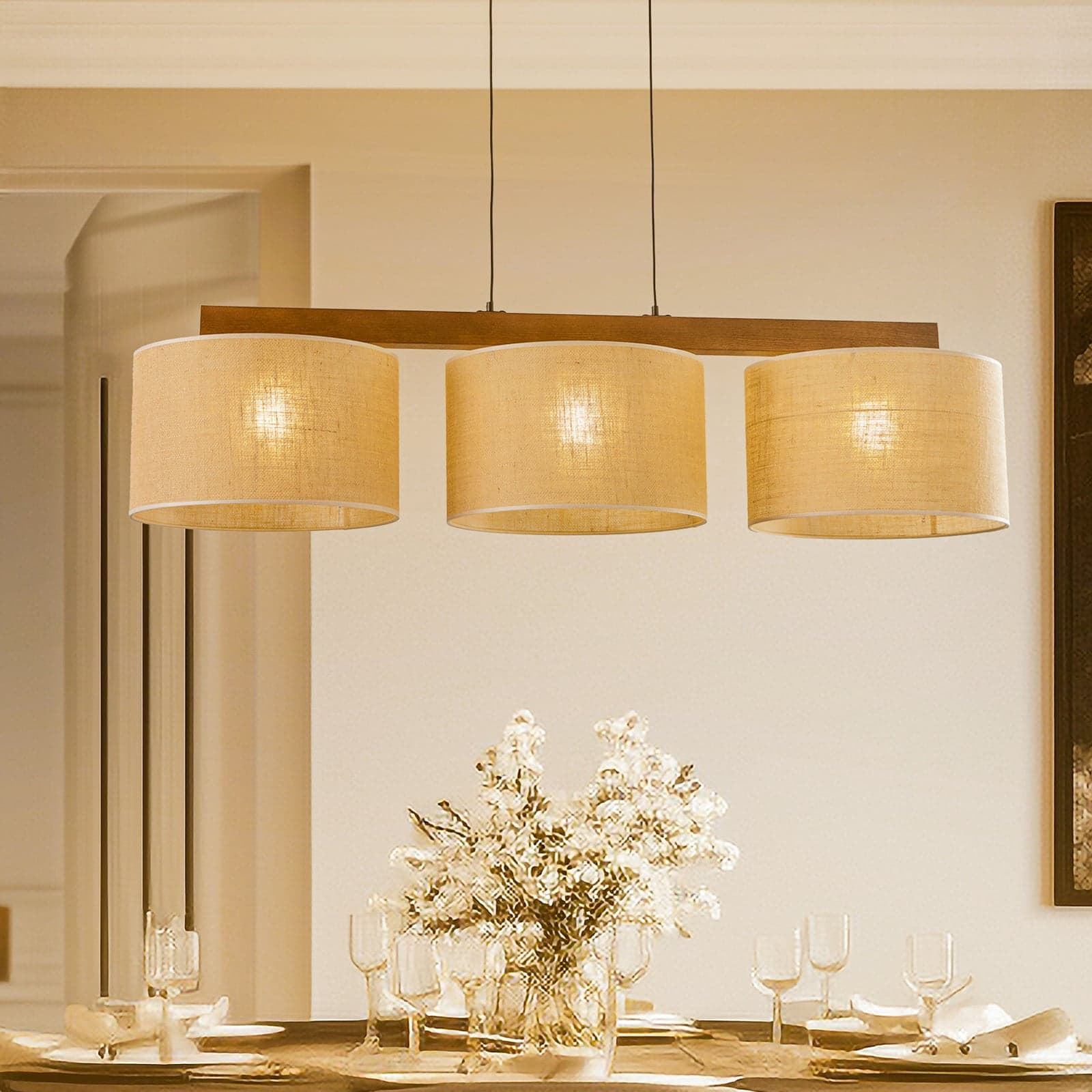 Juta hængelampe 120 cm med 3 lyskilder bjælkeform træ TK Lighting - Stue - Stof / tekstil - Med flere lyskilder